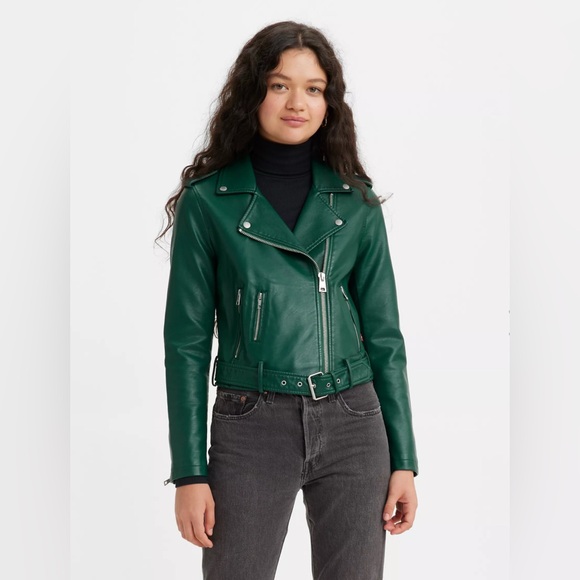 Levi's Motorcycle Jacket Women' Size S Teal Blue Faux Leather Belted Buckle Moto - Picture 9 of 9